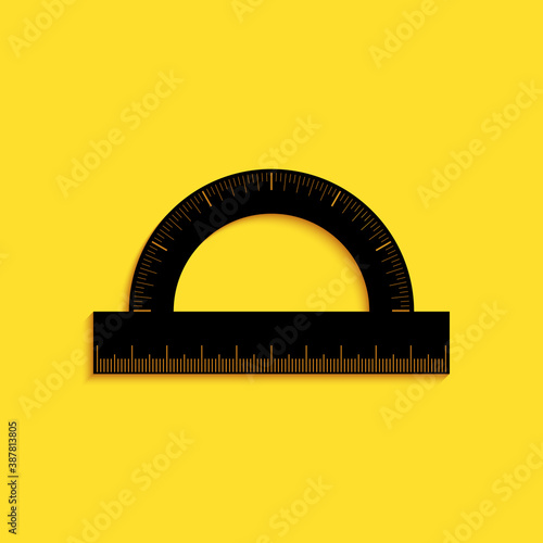 Black Protractor grid for measuring degrees icon isolated on yellow background. Tilt angle meter. Measuring tool. Geometric symbol. Long shadow style. Vector.