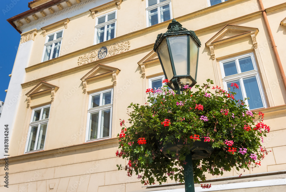 Street light with colorful flowers in Litomerice, Czech Republic