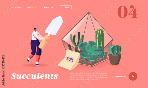 Home Gardening, Growing Plants in Terrarium Landing Page Template. Female Character with Spade Planting Succulents