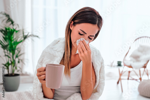 Fototapeta Pretty sick woman has runnning nose, rubs nose with handkerchief, drinks hot beverage, wrapped in warm blanket, has high temperature and cold