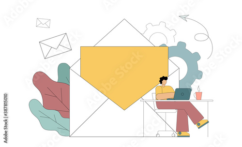 E-marketing, reaching target audience with emails. The flat man is engaged in receiving and sending letters. Vector Illustration