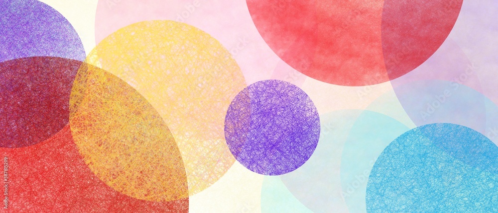 Abstract modern art background style design with circles and spots in colorful blue, yellow, red, and purple on light beige or white background - obrazy, fototapety, plakaty 