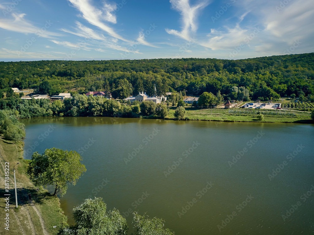Aerial view of Landscape with lake about Thiganesty Monastery, Moldova republic of.