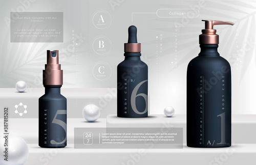 Vector 3D elegant cosmetic products set background premium cream jar for skin care products. Luxury facial cream. Cosmetic ads flyer or banner design. Cosmetic cream template. Makeup products brand.