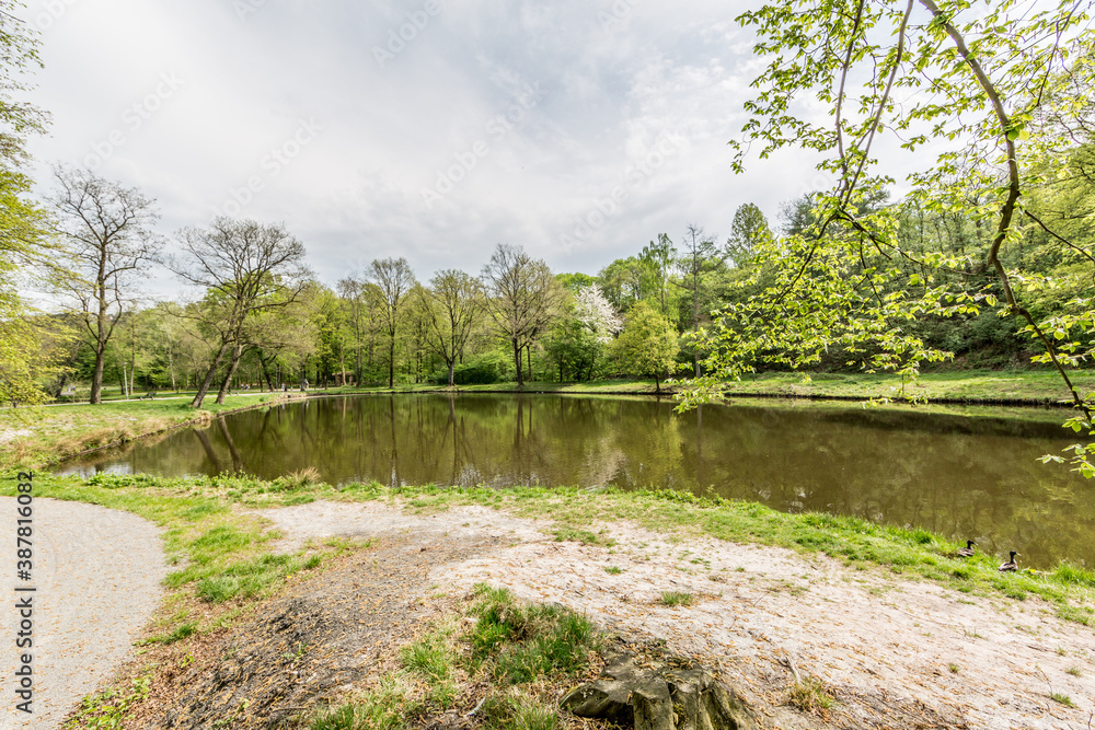 Park with the shore of the lake with dirt without grass, a path, a lake with calm water with slight mirror reflection, green vegetation, lush and bare trees, sunny day in South Limburg, Netherlands Park with the shore of the lake with dirt without grass, a path, a lake with calm water with slight mirror reflection, green vegetation, lush and bare trees, sunny day in South Limburg, Netherlands