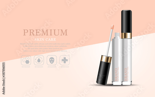 Hydrating facial concealer for annual sale or festival sale. silver and gold cream mask bottle isolated on glitter particles background. Graceful cosmetic ads, illustration.