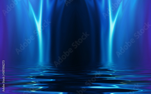 Abstract dark futuristic background. Ultraviolet neon light rays are reflected off the water. Background of empty stage show, beach party. 3d illustration