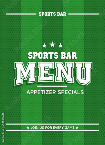 Green sports bar menu. Can be used for soccer and american football style. Retro, grunge, vintage style. Vector illustrator. Template with striped background.