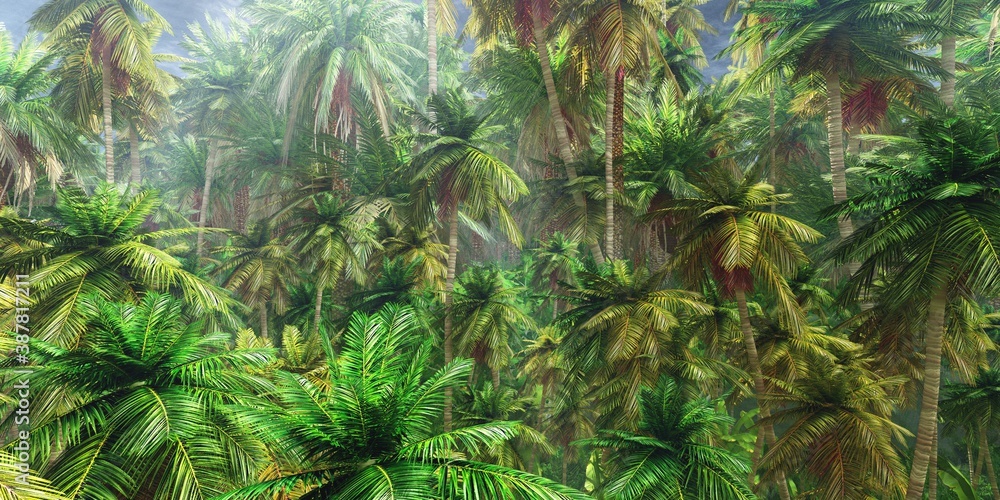 Jungle, rainforest, palm trees in the haze, 3D rendering