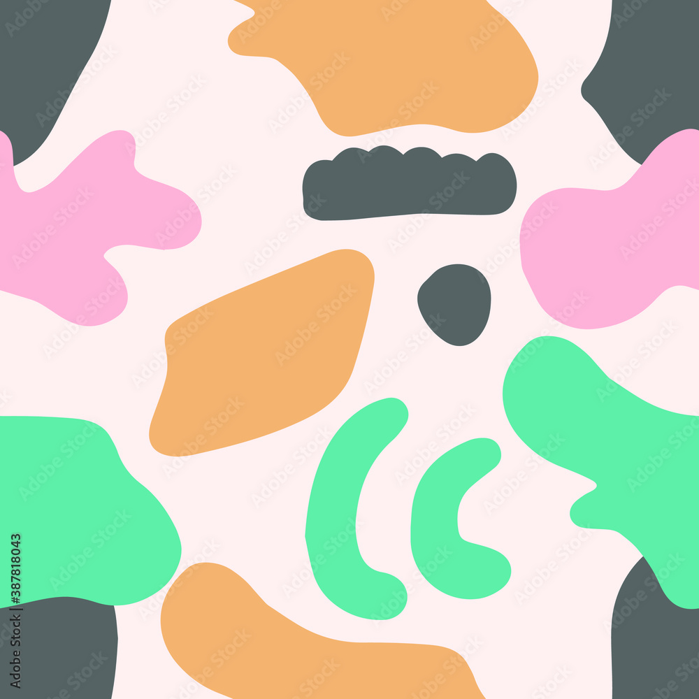 Seamless repeating pattern with abstract shapes in  green, pink and light pink on cream background. Contemporary collage style poster, wallpaper, fabric, packaging and branding identity design