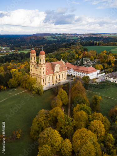Wallfahrtskirche Schönenberg in Ellwangen im Herbst mit der Drohne fotografiert photo