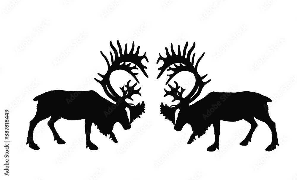 Deer battle vector silhouette illustration isolated on white. Reindeer powerful buck with huge antlers. Rein deer fighting for female. Struggle in forest. Zoo animal nature. Christmas holiday symbol. Deer battle vector silhouette illustration isolated on white. Reindeer powerful buck with huge antlers. Rein deer fighting for female. Struggle in forest. Zoo animal nature. Christmas holiday symbol.