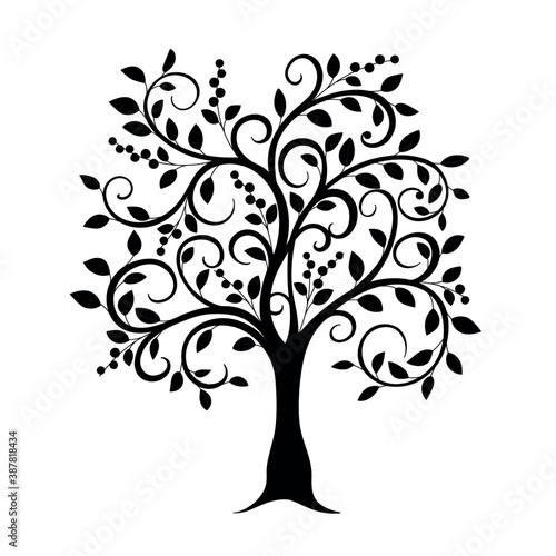 Black silhouette doodle tree with leaves