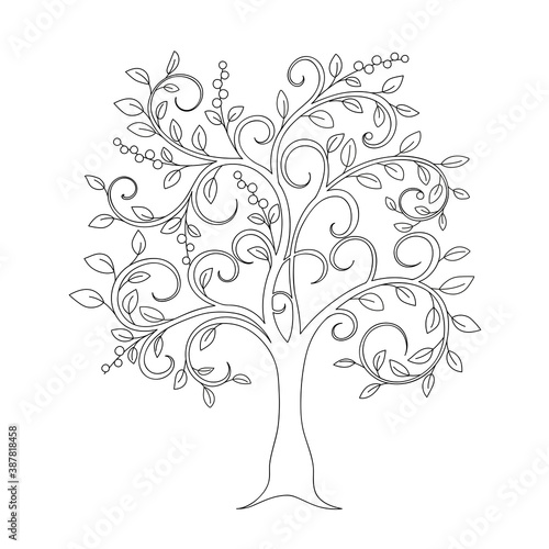 contour draving doodle tree with leaves