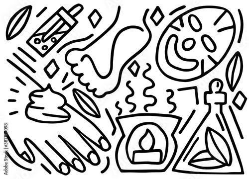 Vector illustration with doodles on theme of spas, beauty salons, facials, pedicures, manicures. Individual elements from this concept are shown. Can be used in web design, etc.