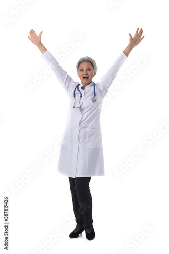 Female doctor with raised arms