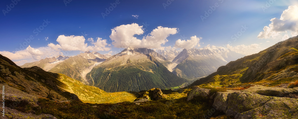 massive Grandes Jorasses and Mont Blanc in summer