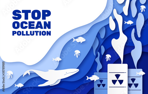 Campaign poster for the protection of the ocean from pollution. Layered paper-style design. Ecology and environment protection. Vector illustration