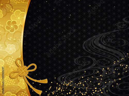 梅の和柄と几帳結びの和風フレーム_イラスト