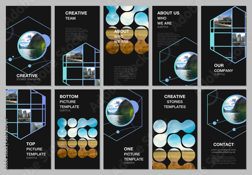 Social networks stories design, vertical banner or flyer templates. Covers design templates for flyer, leaflet, brochure cover. Abstract smart technology design with hexagons and place for photo.