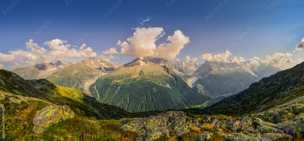 massive Grandes Jorasses and Mont Blanc in summer