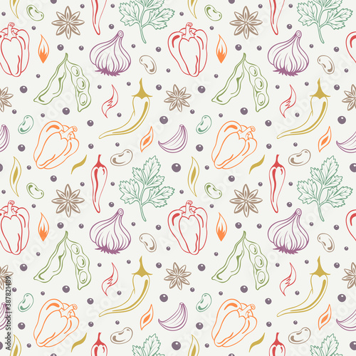 Spices multicolored seamless pattern. Star anise, soy beans, parsley, garlic, cloves, hot chili pepper, bell pepper, haricot. Vintage seasonings background 