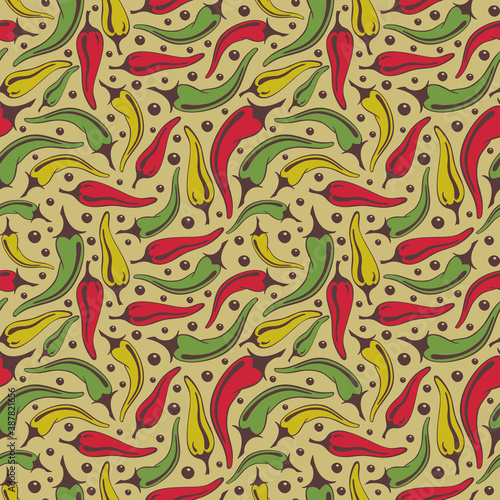 Chili peppers seamless pattern on beige background