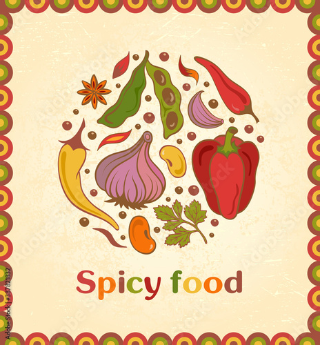 Spice circle background. Star anise, soy beans, parsley, garlic, cloves, hot chili pepper, bell pepper, paprika. Seasonings collection
