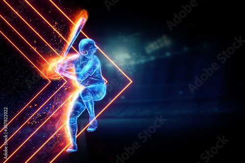 Silhouette, the image of a baseball player with a bat on the background of the stadium. Online sports concept, betting, American game.