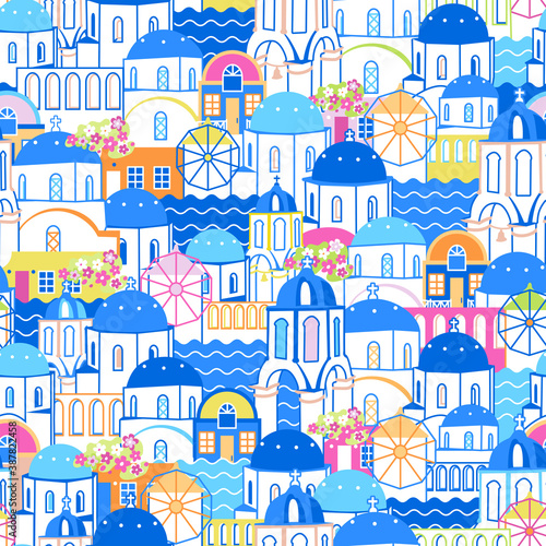 Santorini cityscape seamless pattern. Oia village, Greece. Linear illustration