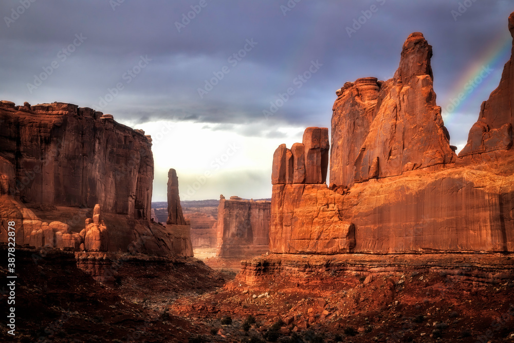 Rainbow over Park Ave in Arches National Park Moab Utah