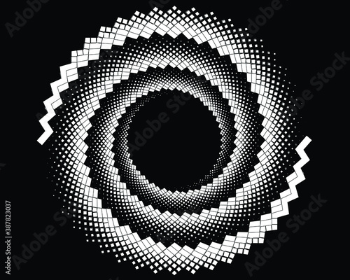 Dotted, dots, speckles abstract concentric circle. Spiral, swirl, twirl element.Circular and radial lines volute, helix.Segmented circle with rotation.Radiating arc lines.Cochlear