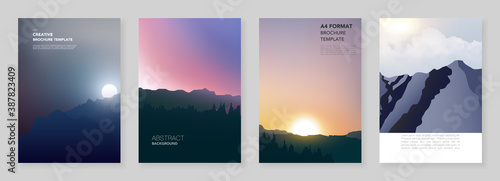 A4 brochure layout of covers templates for flyer leaflet, A4 brochure design, presentation, magazine, book. Fog, sunrise in morning and sunset in evening. Nature landscape backgrounds with mountains.