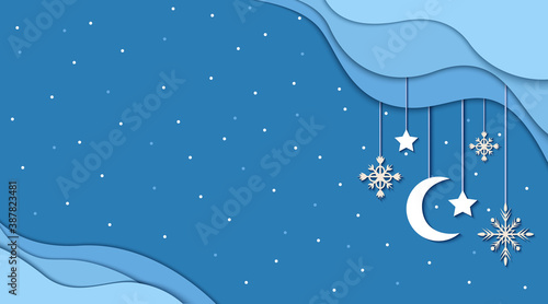 Winter background in paper cut out style. Merry Christmas and Happy New Year vector illustration.