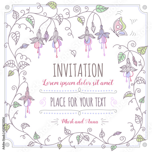 Fuchsia flower frame with butterfly on white background. Floral greeting card or invitation with space for your text 