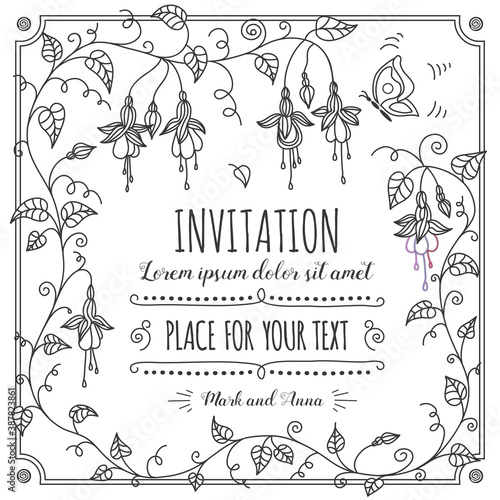 Fuchsia flower frame with butterfly in black and white. Floral greeting card design with copy space for your text 