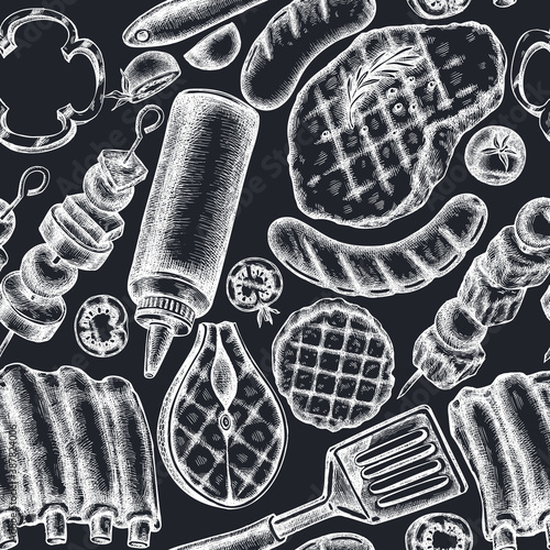 Seamless pattern with hand drawn chalk spatula, Pork ribs, kebab, sausages, steak, sauce bottles, grilled burger patties, grilled tomato, grilled salmon steak, grilled bell pepper