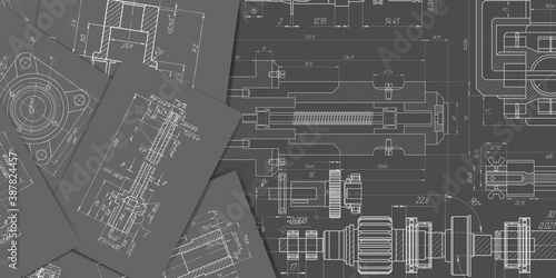 Technical Drawing on a black background.Mechanical Engineering drawing.Vector illustration.	
