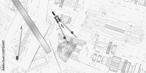 Engineer technician designing drawings.Top view of drawing tools .Mechanical Engineering background.Vector illustration.