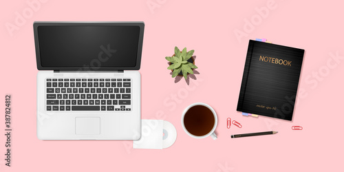 Top view of office desk work space with notebook.Workplace with notepad, coffee and flower.Business Vector illustration.