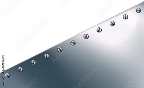 Technological background from aluminum or metal sheet, screwed. Realistic metallic, steel backdrop. Plate with screws. Shiny bolt heads. Chrome metalware, top view. Vector illustration.