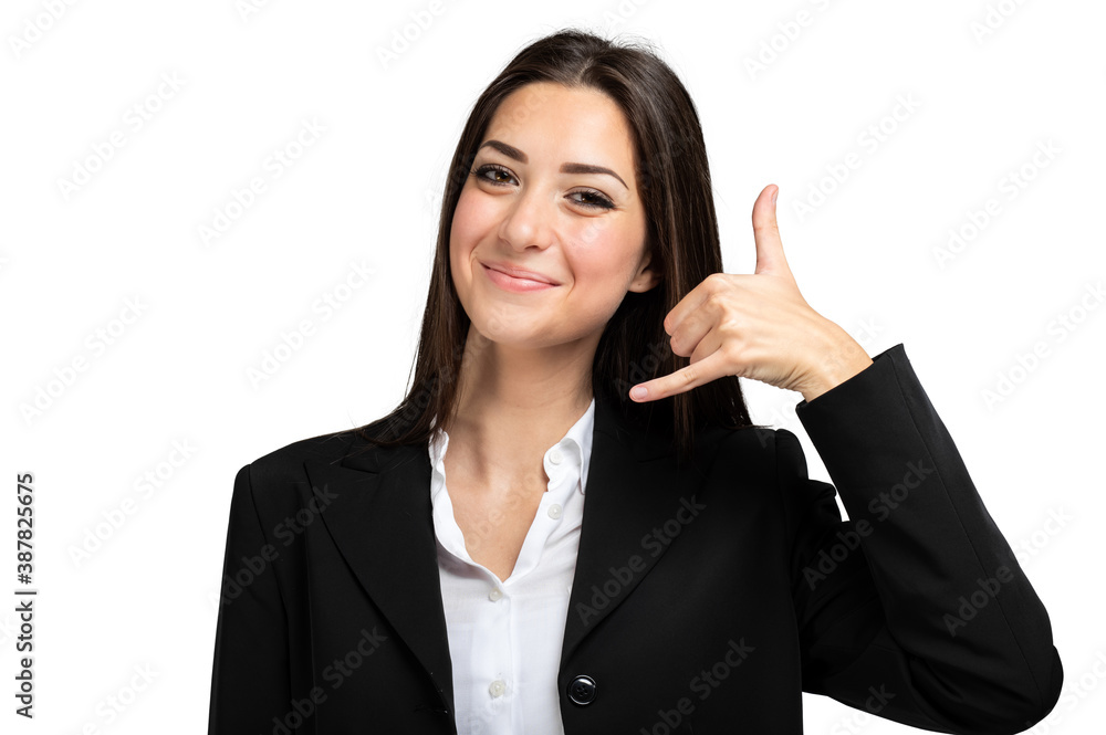 Business woman making a call me sign and smiling, isolated on white Business woman making a call me sign and smiling, isolated on white