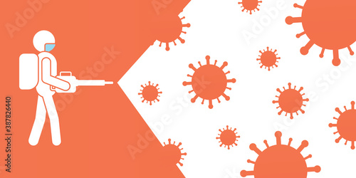 Medical staff are spraying to clean and disinfect the virus on orange background, Prevent Coronavirus (COVID-19), COVID-19 vector illustration. 