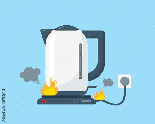 Broken white kettle isolated on blue background.