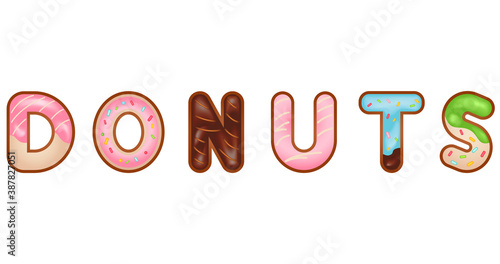 Cartoon vector illustration with word donut. Dessert Bakery alphabet font