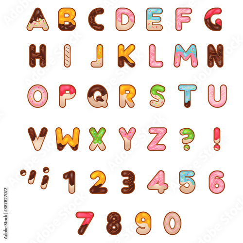 Vector Dessert Bakery alphabet font. English sweet donut alphabet. letters and numbers