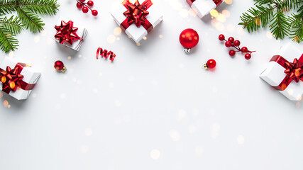 Merry Christmas and Happy Holidays greeting card, frame, banner. New Year. Noel. Red Christmas ornaments and gift on white background top view. Winter xmas holiday theme. Flat lay	

