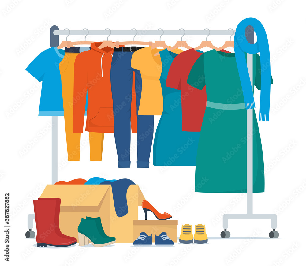 Clothes for donation. Various clothes on a hanger and in boxes, shoes.  Cheap and free seasonal garment. Second hand shop, flea market goods.  Donating clothes to charity, concept vector illustration. Stock Vector