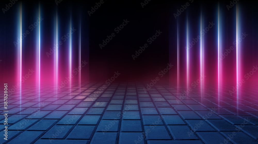 Empty background scene. Dark street reflection on wet asphalt, fog. Rays of neon light in the dark, neon figures, smoke. Background of empty stage show. Abstract dark background. Empty background scene. Dark street reflection on wet asphalt, fog. Rays of neon light in the dark, neon figures, smoke. Background of empty stage show. Abstract dark background.