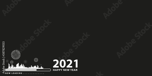 loading bar with transition from 2020 to 2021 new year. New york city silhouette on black background. Happy New Year card with progress bar. Vector illustration EPS 10